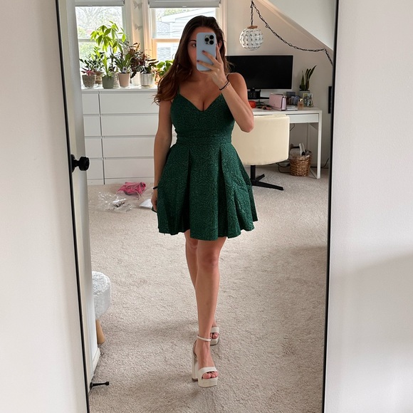 Lulus Loving is Easy Emerald Green Jacquard Pleated Skater Dress - Picture 1 of 9